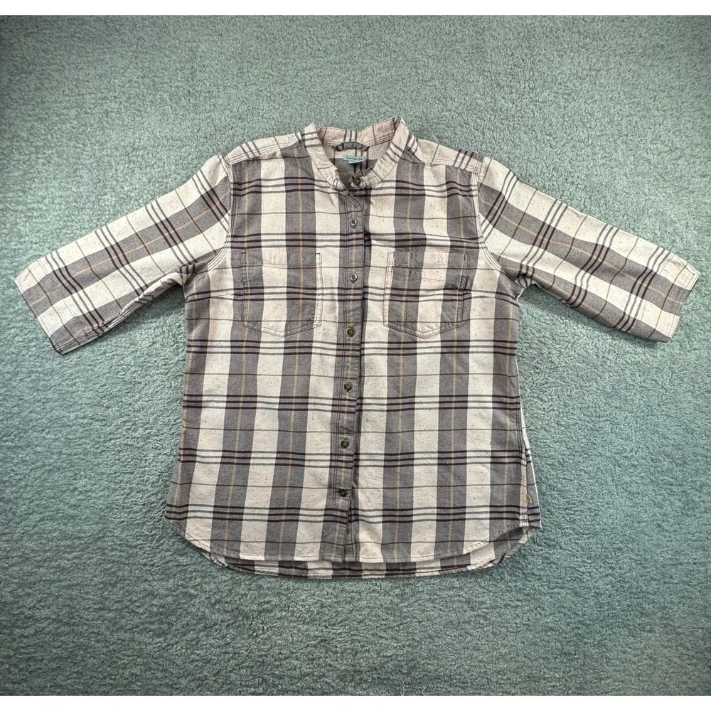 Carhartt‎ Womens XL Flannel Shirt Pink Plaid Band Collar Button Up Top